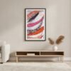 prodigi-GLOBAL-CFPM-28X40-soft_daylight_(natural_light)-framecolour_black-glaze_acrylic _ perspex-frame_classic-papertype_ema-substrateweight_200gsm-mount_2.4mm-mountcolour_snow white Eucalyptus fine art print in a black frame with white mount, hanging above a light oak sideboard in a minimalist beige living room