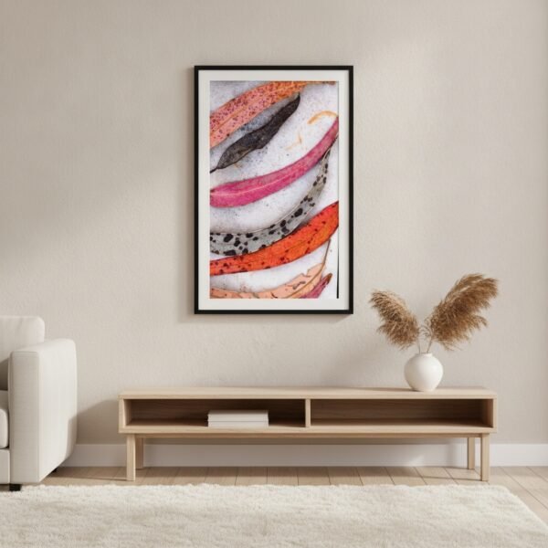 prodigi-GLOBAL-CFPM-28X40-soft_daylight_(natural_light)-framecolour_black-glaze_acrylic _ perspex-frame_classic-papertype_ema-substrateweight_200gsm-mount_2.4mm-mountcolour_snow white Eucalyptus fine art print in a black frame with white mount, hanging above a light oak sideboard in a minimalist beige living room