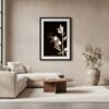 ButhersBroom_FineArt_Mockup_minimalisticLivingroom Butcher’s Broom fine art print in a black frame with white mount, hanging above a light oak sideboard in a minimalist beige living room