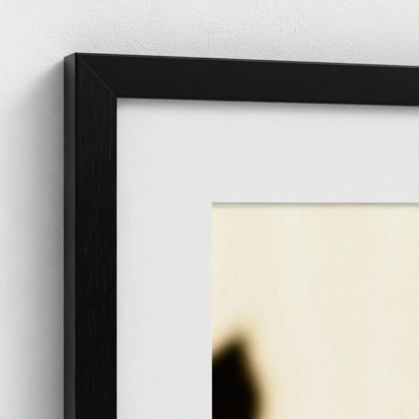 prodigi-GLOBAL-CFPM-20X28-glaze_acrylic _ perspex-frame_classic-papertype_ema-substrateweight_200gsm-mount_2.4mm-mountcolour_snow white-framecolour_black (4) Close-up of the corner of a framed Permission to Rest fine art print with black frame and snow white mount