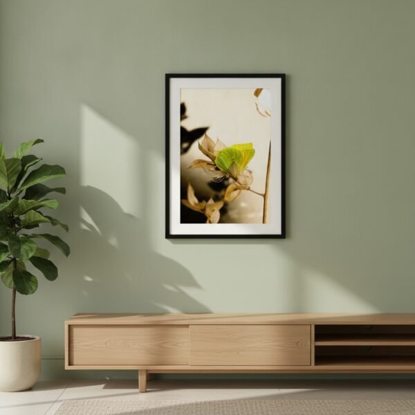 prodigi-GLOBAL-CFPM-20X28-soft_daylight_(natural_light)-framecolour_black-glaze_acrylic _ perspex-frame_classic-papertype_ema-substrateweight_200gsm-mount_2.4mm-mountcolour_snow white Permission to Rest fine art print in a black frame with white mount, hanging above a light oak sideboard in a minimalist beige living room